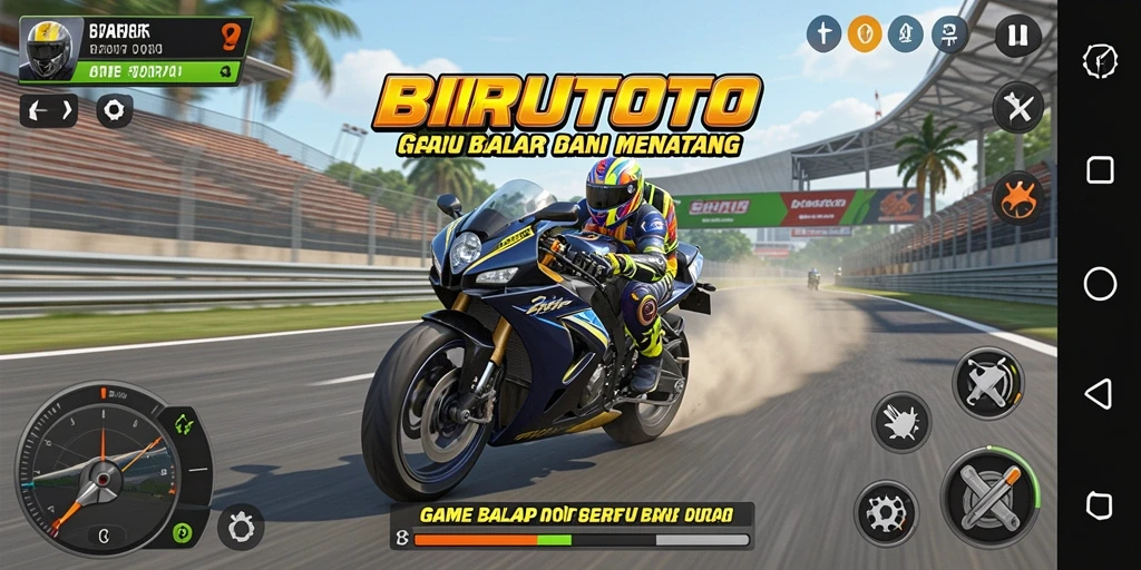 Screenshot BIRUTOTO menampilkan aksi balap motor yang mendebarkan.