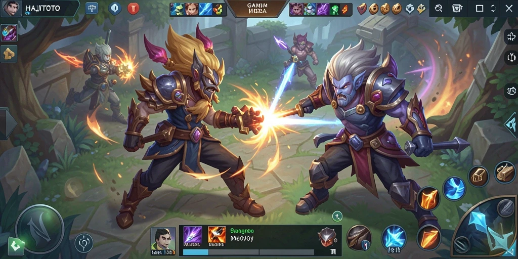 Screenshot gameplay HAJITOTO menampilkan pertarungan seru antar tim.