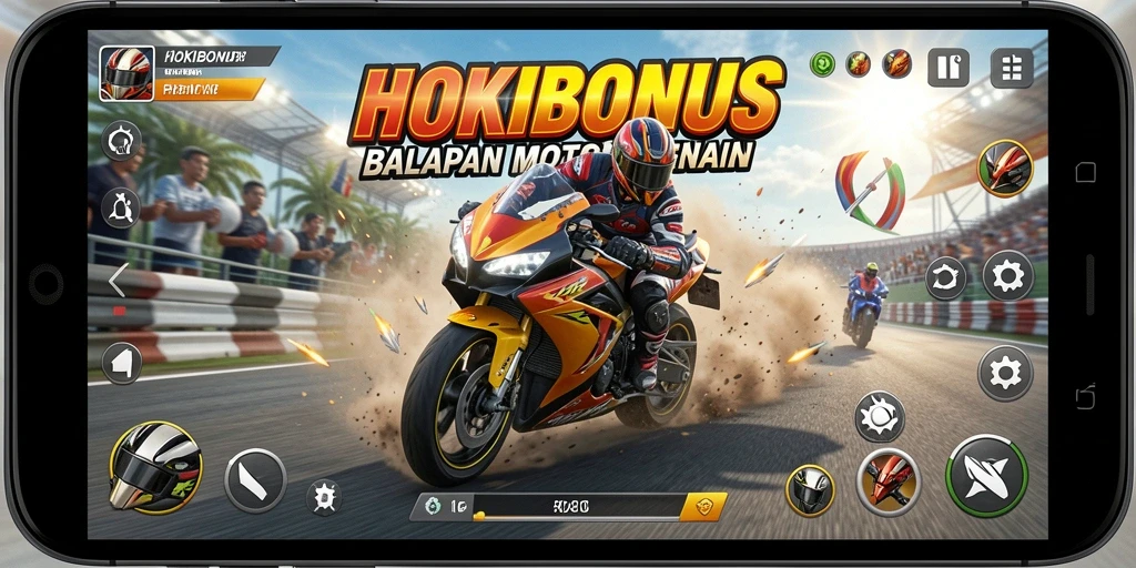 Tampilan gameplay HOKIBONUS dengan motor balap yang cepat dan trek menantang.