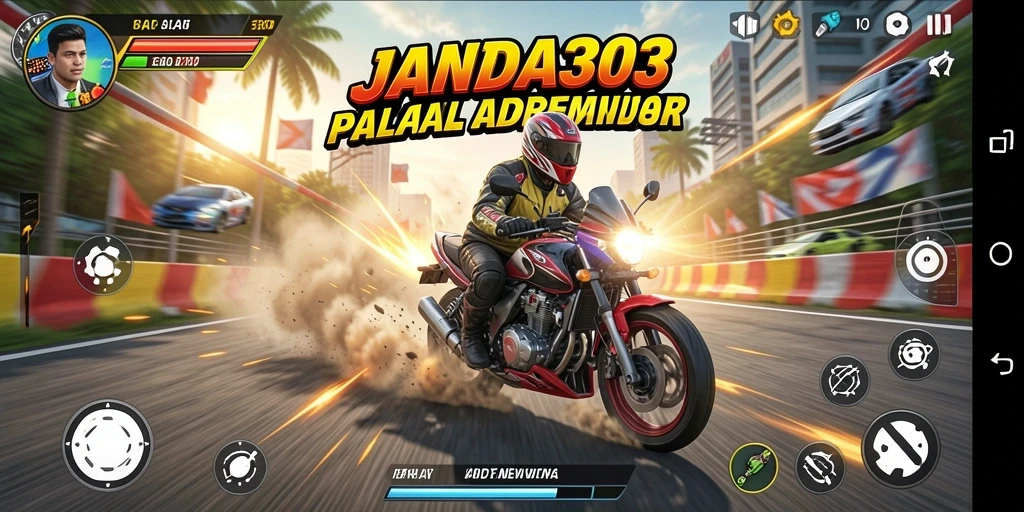 Screenshot utama JANDA303 menampilkan balapan motor yang seru dan dramatis.