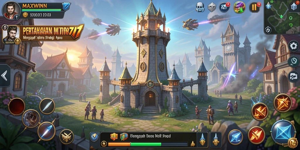 Tampilan gameplay menegangkan dari MAXWIN77 yang menampilkan pertahanan menara.