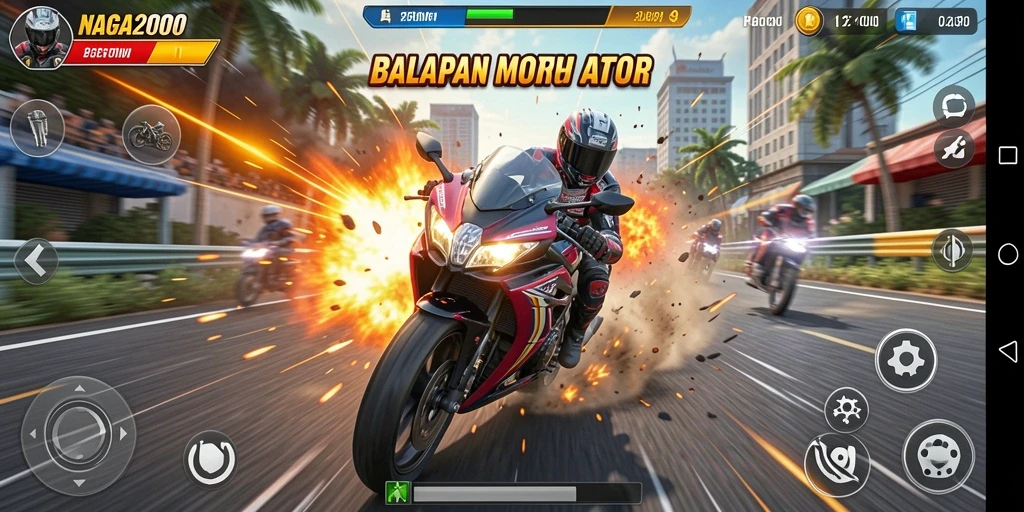 Screenshot gameplay NAGA2000 dengan balapan motor yang seru dan adrenalin tinggi.