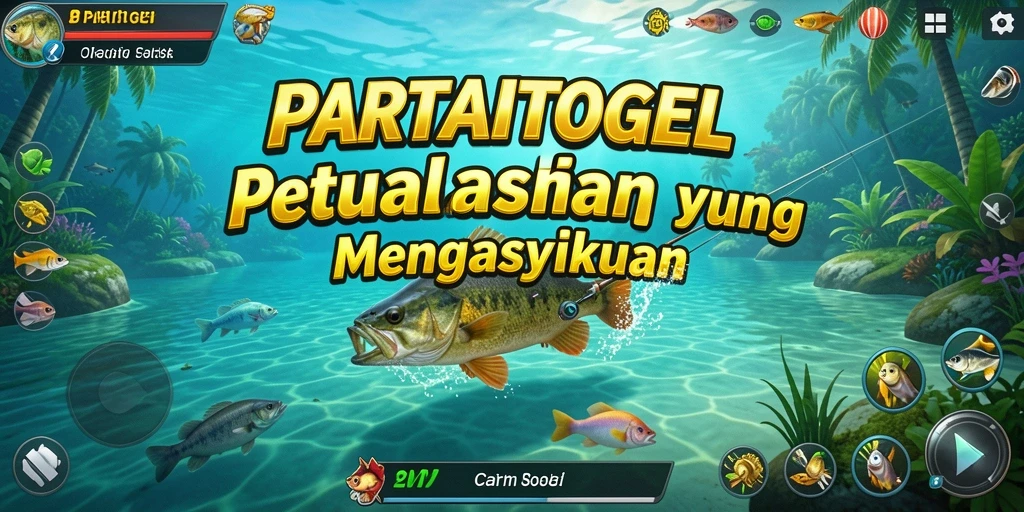 Screenshot gameplay PARTAITOGEL menunjukkan keseruan memancing di berbagai lokasi.